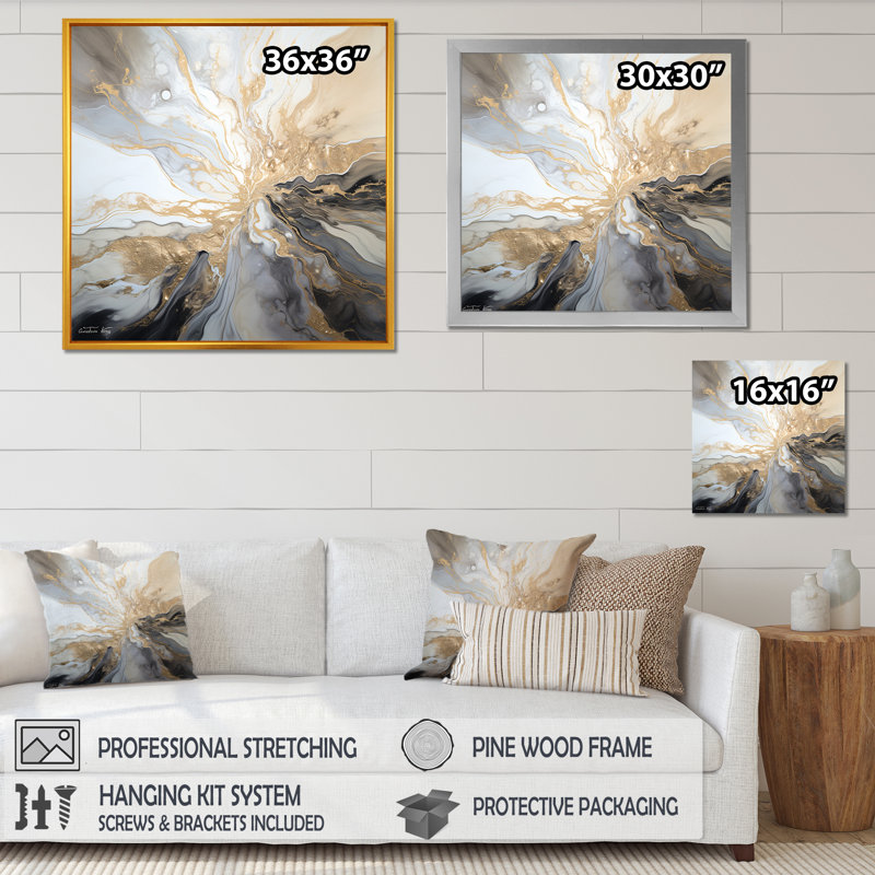 Explosion d'art liquide beige et noir, Cadre flottant en érable, H 30 po x l 30 po x P 1 po