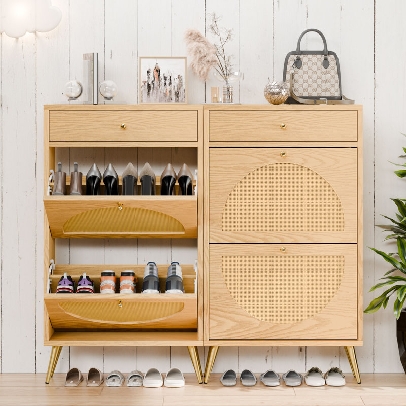 Rattan Shoe Storage Cabinet with Drawer, Natural