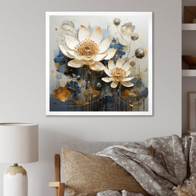 Or et lotus bleu en harmonie - impression, H 36 po x l 36 po x P 1,5 po, Cadre simple blanc