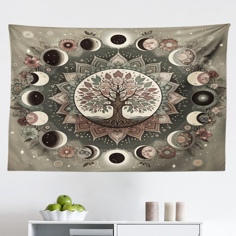 Bungalow Rose Moon Wall Hanging Tapestry Cosmic Lunar Circle Life Tree Sage Green Pale Chocolate, H 30 po x l 45 po