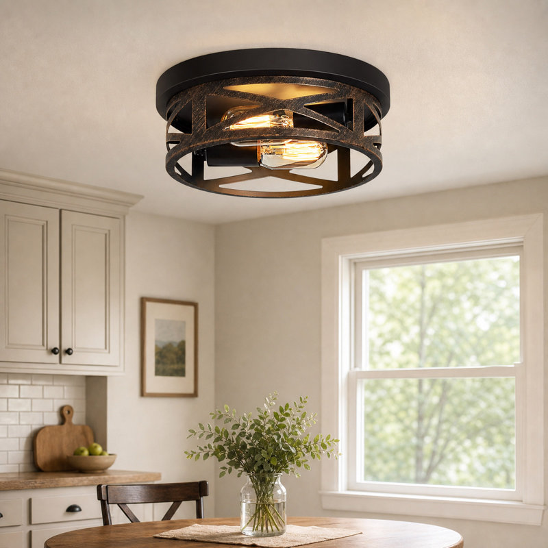 Lot de 2 plafonniers encastrés industriels en bronze mat à 2 lumières, structure métallique ajourée entrecroisée, luminaires de plafond ronds de style ferme pour corridor, cuisine ou entrée.