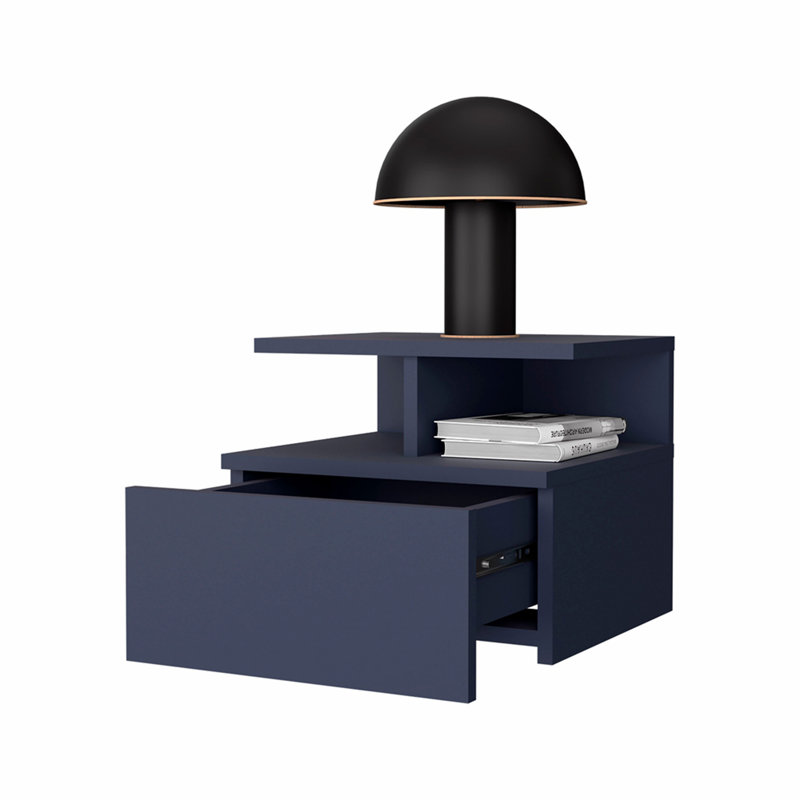 Table de chevet suspendue LEE JU, 1 tiroir, tablette ouverte, fixation murale, bleu Kronos