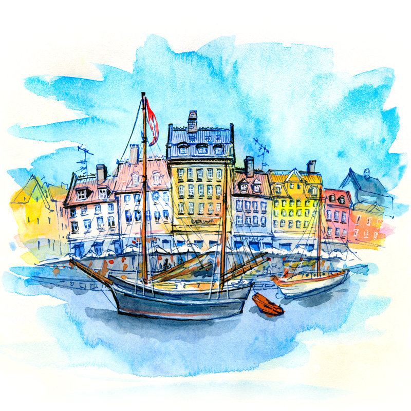 Watercolor Sketch Of Nyhavn, Copenhagen, Denmark. - Wrapped Canvas Painting, 30cm H x 30cm W x 3.8cm D