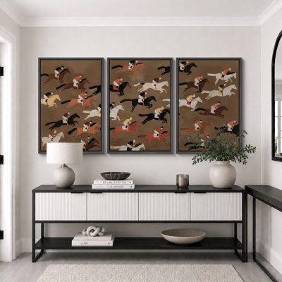 «Vintage Racehorse Riders Pattern Triptych», reproduction d'art sur toile encadrée 3 pièces