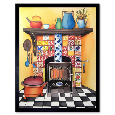 Kitchen Hearth Fireplace With Multicoloured Tiles Folk Art Watercolour Painting Artwork Framed Wall Art Print 9X7 Inch