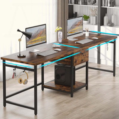 Two Person Computer Desk With Drawers And Storage Shelves, Extra Long Double Workstation Table With Hooks, Industrial Writing Desk For Home Office