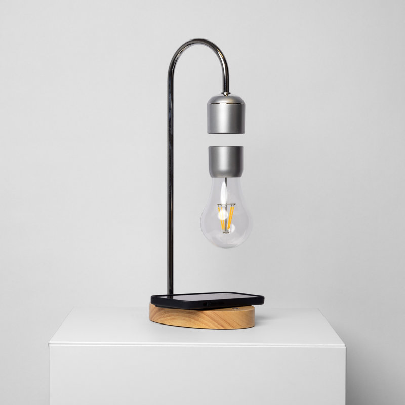 Minimalist Wood Base Levitating Lamp with Wireless Phone Charger, Silver