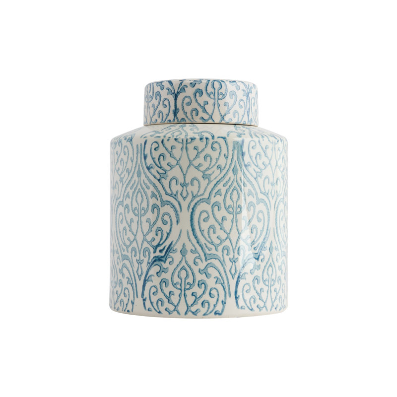 Pot à gingembre rond décoratif en céramique avec couvercle, motif floral bleu et blanc, H 10,13 po x l 8 po x P 8 po
