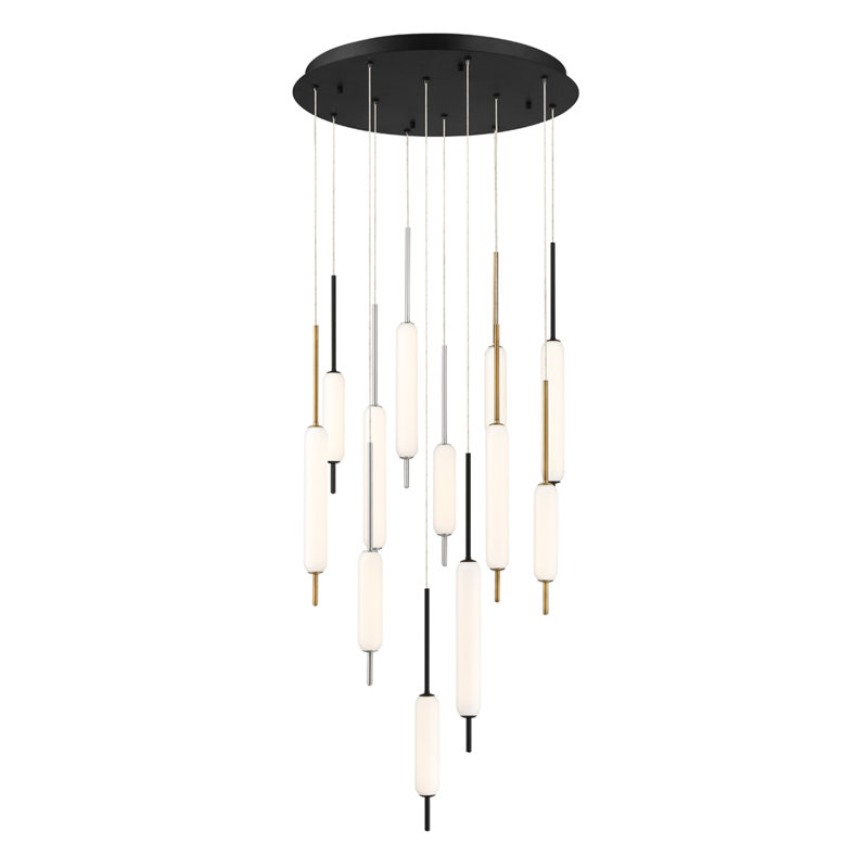 Lustre à DEL 12 lumières, Laiton antique / noir / nickel satiné
