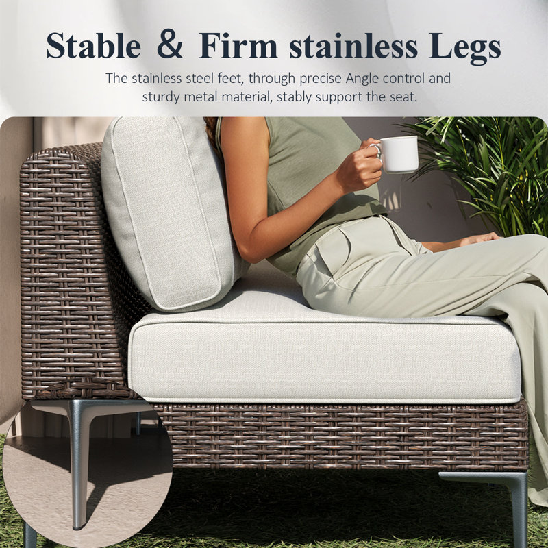 345.4cm Wide L-Shaped Wicker Patio Sectional with Cushions, Beige