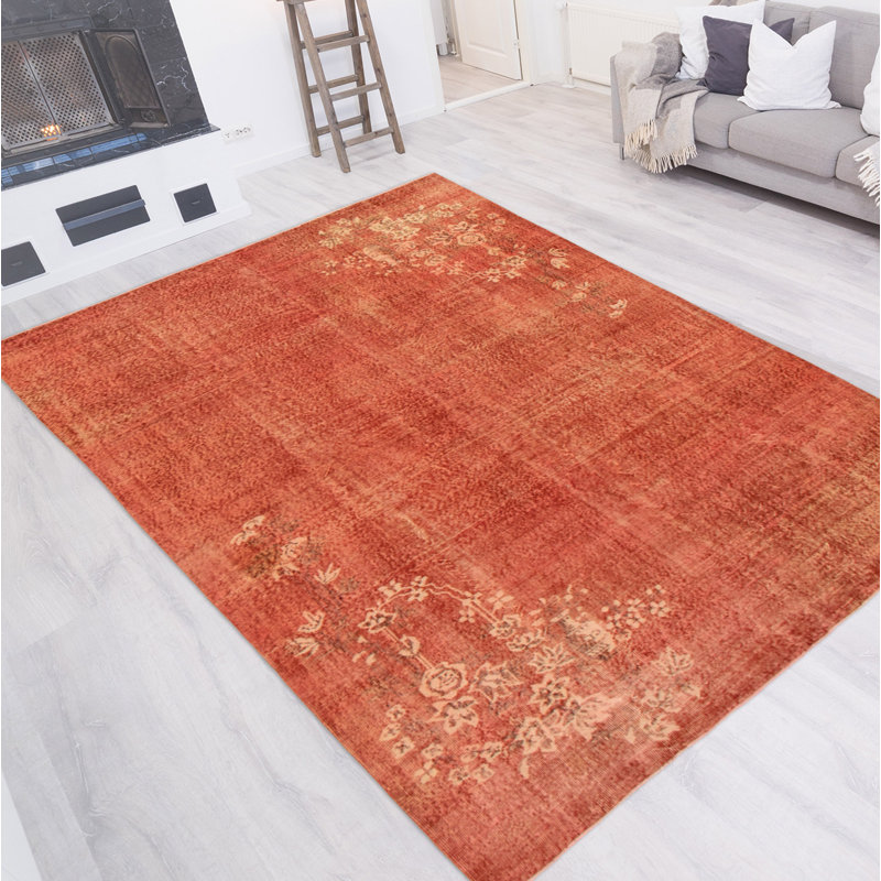 Tapis cuivre foncé en laine noué à la main de conception unique de style années 2000 7 pi x 10 pi Ohene