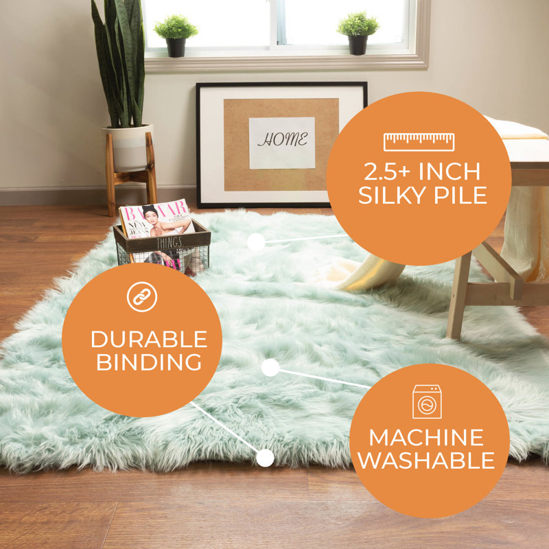 Diller Teal Faux Fur Machine Washable Shag Fluffy Area Rug, Rectangle 6' x 9'