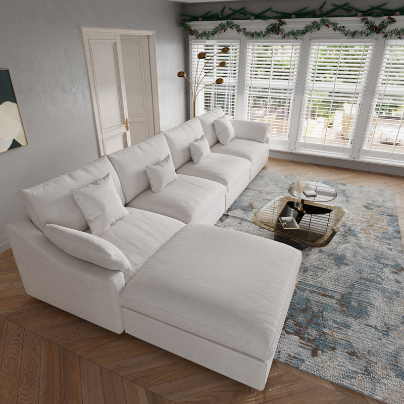 Slipcovered Upholstered Modular Sofa With Ottoman, Beige, 29.53" H x 155.9" W x 77.95" D