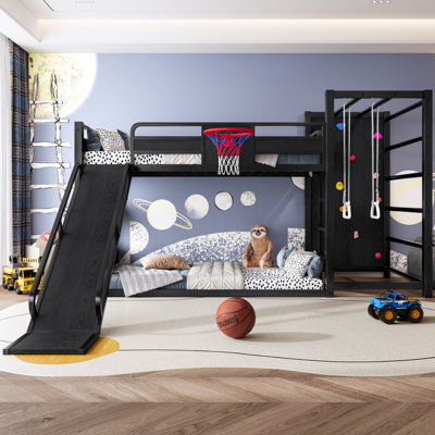 Twin Metal Bunk/Loft Bed with Basketball Hoop, Pull-Up Rings, Climbing Wall, Bookshelves and Slide