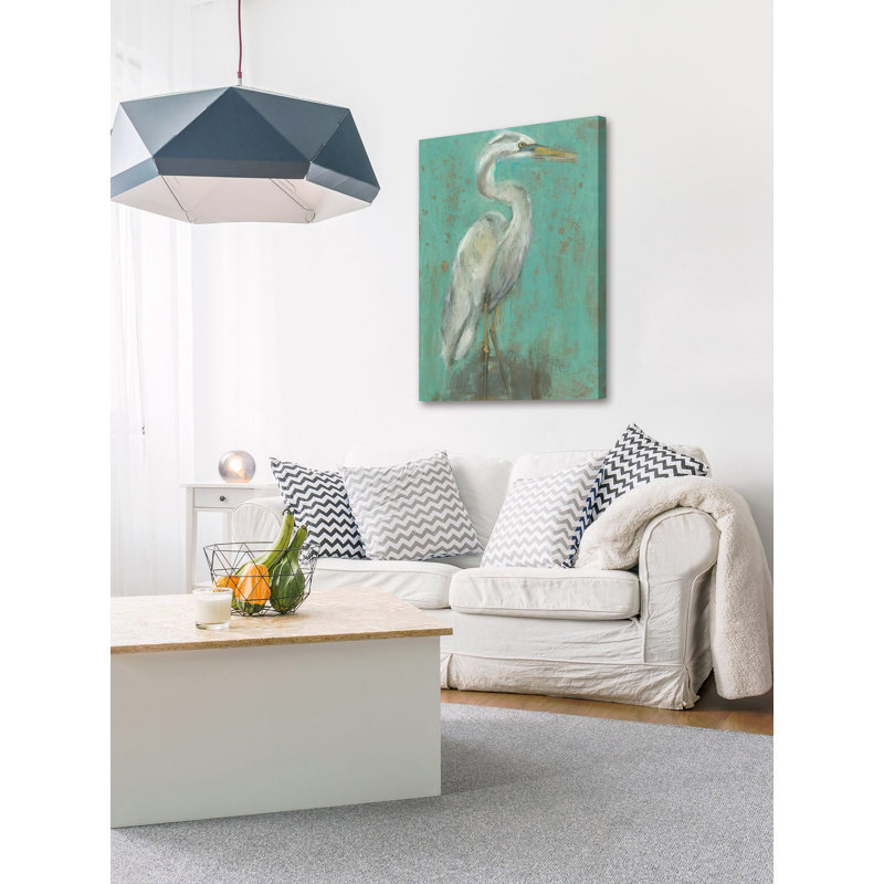 Seaspray Heron Turquoise Canvas Painting, 30" x 20"