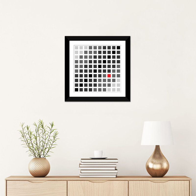 «Albree Modern Tile Cuadrados Opt en Gris», impression sur toile, H 16 po x l 16 po x P 1 po, Papier avec cadre noir, Blanc