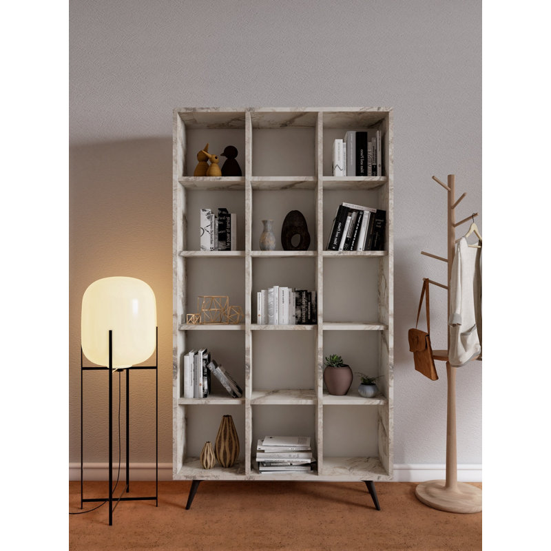 Bibliothèque Modern Modern, 5 tablettes, 39,4 po x 72,4 po x 9,8 po | 100% panneau de particules enduit de mélamine, épaisseur: 0,7 pouce | Conception murale, concept de marbre élégant, parfait pour le rangement à la maison ou au bureau