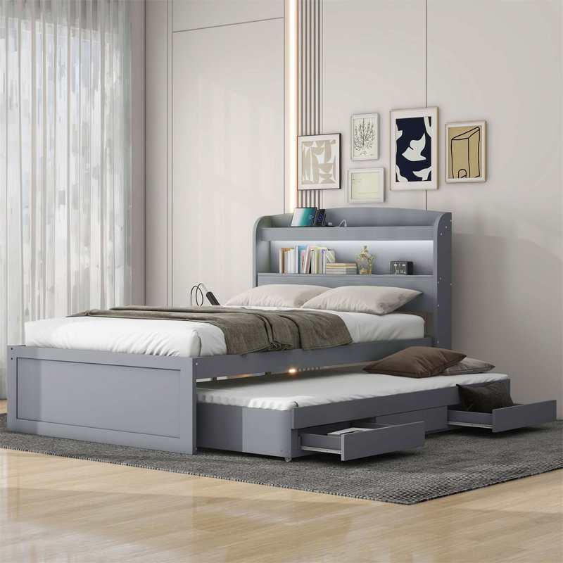 Lit plateforme avec rangement, tête de lit à DEL, station de charge, lit gigogne et tiroirs pour un confort moderne, Gris