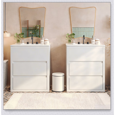 Ensemble de meuble-lavabo double 60 po avec lavabos en céramique, tiroirs pleine extension et glissières à fermeture en douceur pour salles de bain modernes
