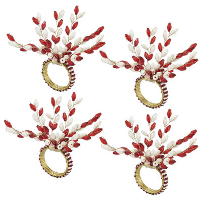 Red & White Holiday Glamorous Beaded Festive Decorative Napkin Rings, Set Of 4