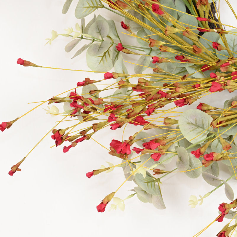 Couronne de porte artificielle florale 24 po Eucalyptus Spring Summer, Vert/rouge