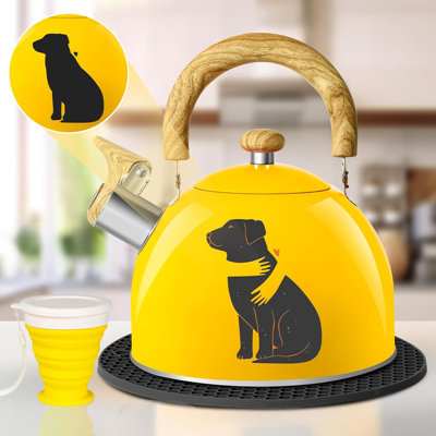 ARC 2 Quarts Stainless Steel Magic Color Changing Whistling Stovetop Tea Kettle Yellow Dog