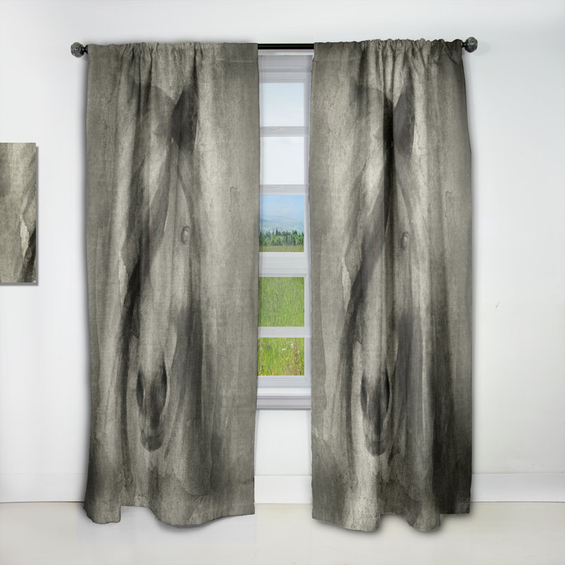 Rideau simple gris avec imprimé de chevaux gris, L 52 po x L 108 po