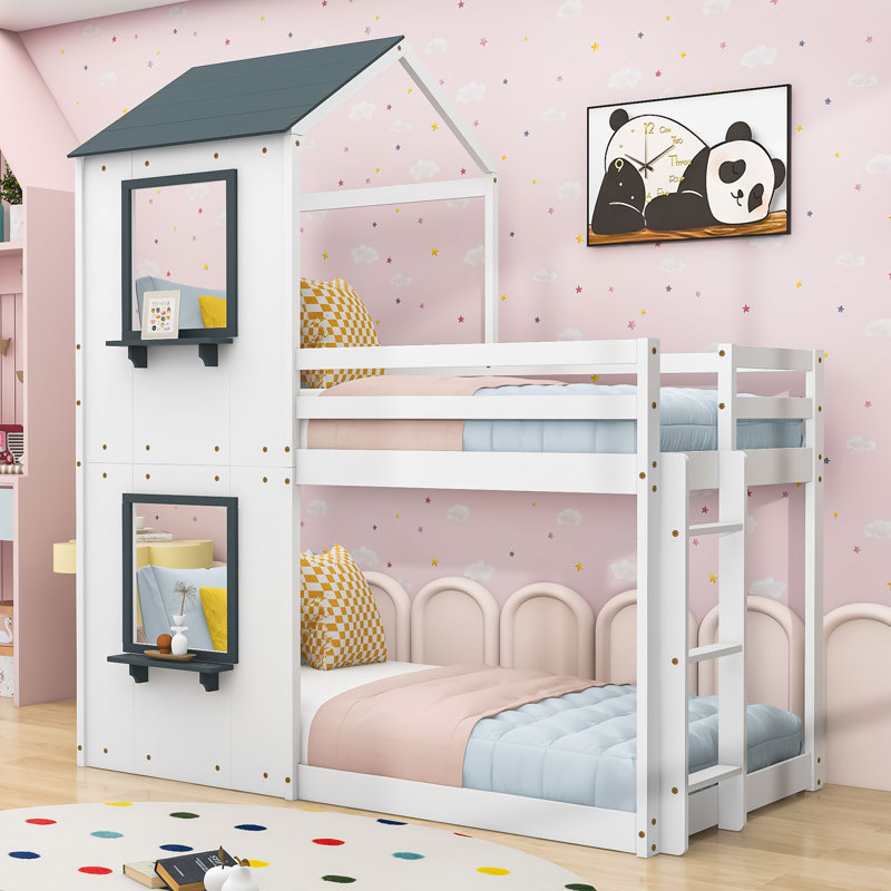 Wood Twin Over Twin Bunk Bed With Guardrails And Ladder, Semi-Enclosed Design, White