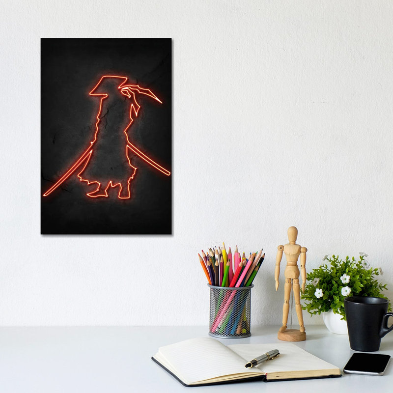 Samurai Neon by Durro Art - Wrapped Canvas Painting, 20.32 cm H x 30.48 cm W