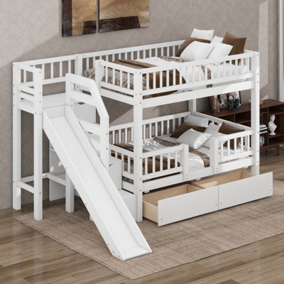 Lit superposé simple au-dessus de simple avec escalier coulissant et rangement, 2 tiroirs sous le lit et garde-corps de clôture