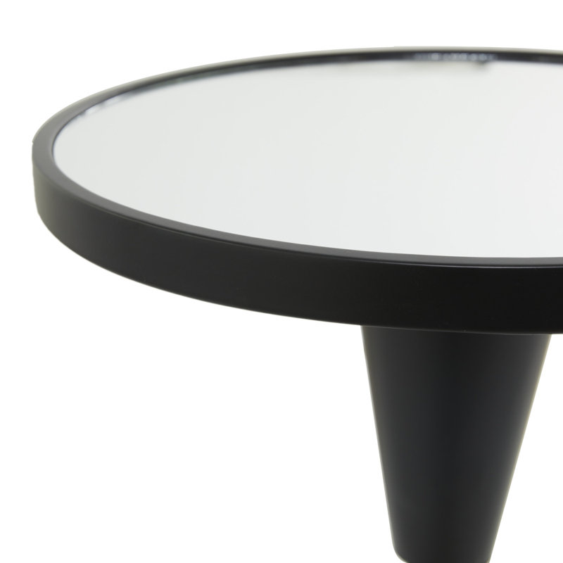 Metal Pedestal Base Side End Accent Table with Mirrored Glass Top, Black Top/Black Base
