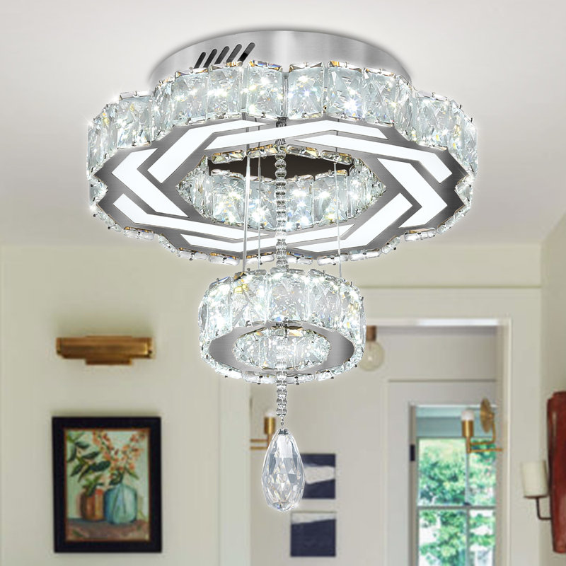 Lustre moderne en cristal argenté D15'', plafonnier encastré, petit lustre pour chambre, salon, salle à manger ou couloir