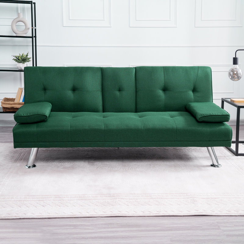 Abdelaziz Linen Upholstered Convertible Futon Sofa Bed With Armrests, Metal Legs, and 2 Cup Holders, Green Linen