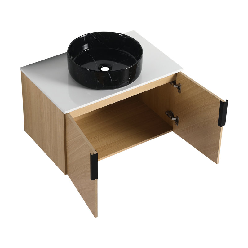 Meuble-lavabo contemporain de 76 cm avec lavabo en céramique artistique, comptoir en pierre artificielle blanche et portes à fermeture amortie.