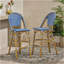Tabouret de bar 29,5 po en rotin français d'extérieur, bleu sarcelle foncé et blanc, structure en aluminium avec finition en bambou (ensemble de 2)-1101408686