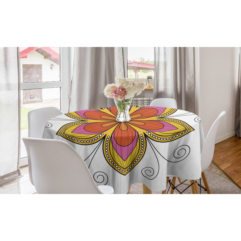 Ambesonne Flower Mandala Round Tablecloth, Ornamental Blossoming Flower Pattern With Swirls And Dots Circular Petals, Circle Table Cloth Cover For Dining Room Kitchen Decoration, 60", Multicolor