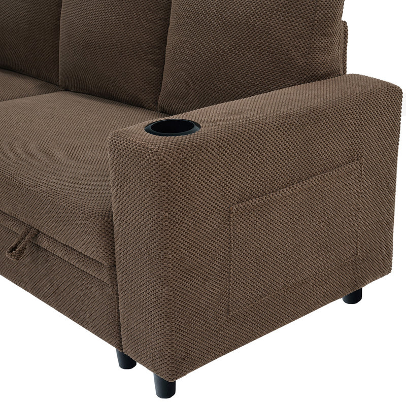 76" Nubby Textured L-Shape Sleeper Sectional with Hidden Storage, Cup Holders & Side Pockets, Coffee Polyester