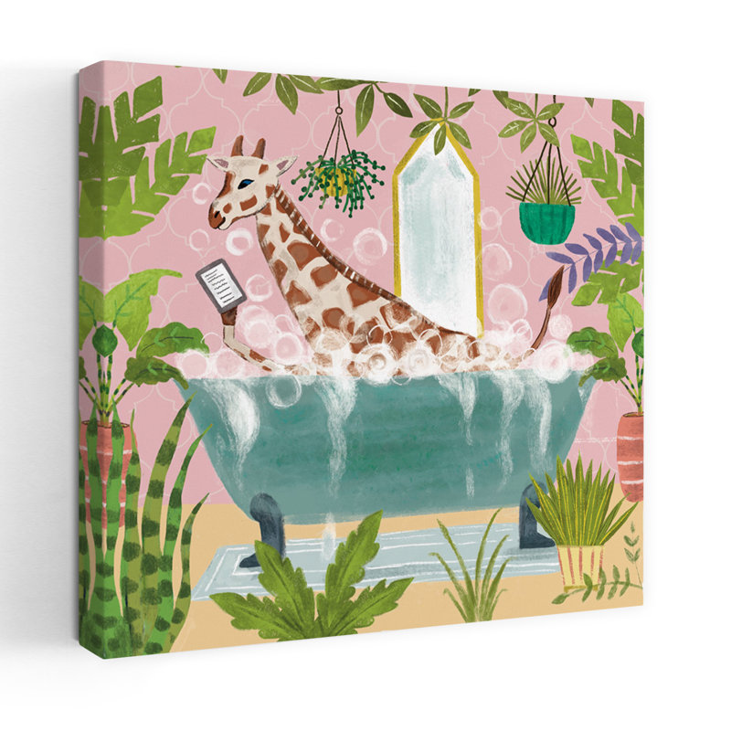 Girafe dans une baignoire sans boisson, art contemporain fantaisiste, H 36 po x l 36 po