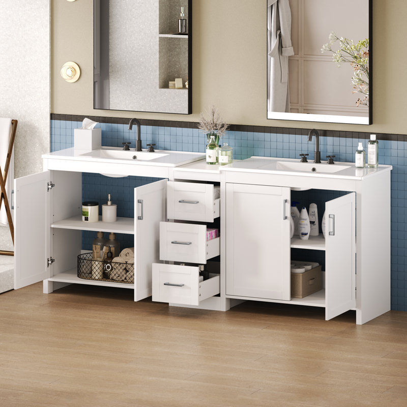 Meuble-lavabo double 84 po, 2 lavabos en céramique et comptoir en quartz avec tablettes réglables 84 po, Blanc
