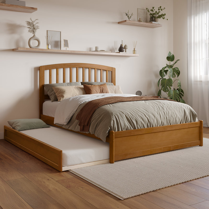 Lit plateforme en bois massif Lamari avec pied de lit et lit gigogne, Complète, Caramel clair