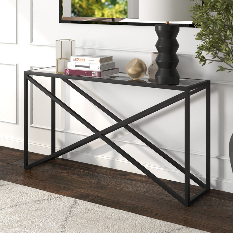 Calix Glass Top Console Table, Blackened Bronze, 76 cm H x 139.7 cm W x 35.56 cm D