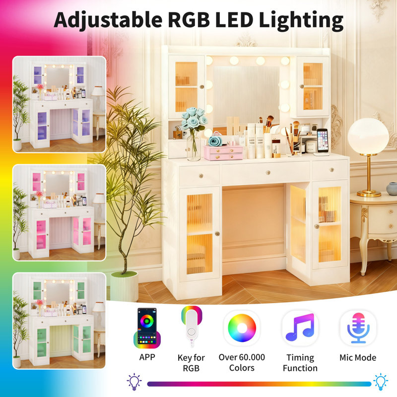 Rgb Led Lighted Makeup Vanity Table With Charging Station, Large Storage & Mirror, 60,000+ Colors, White For Bedroom Dressing Room