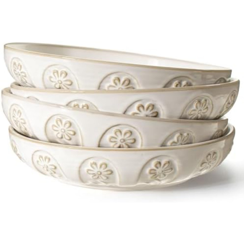 Pasta Bowls, 50oz Large Salad Serving Bowls, 9.75'' Plates Bowls Set of 4, Big White Ceramic Soup Bowls for Kitchen, Embossment Shallow Dinner Bowl, Microwave Dishwasher Safe, Pinwheel Flower
