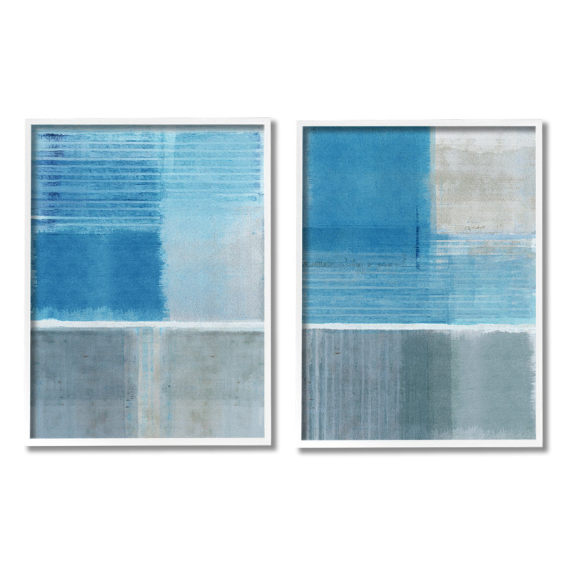 «Blue Rustic Abstraction», impression sur bois 2 pièces, H 20 po x l 32 po x P 1,5 po, Giclée encadrée blanc bord de mer