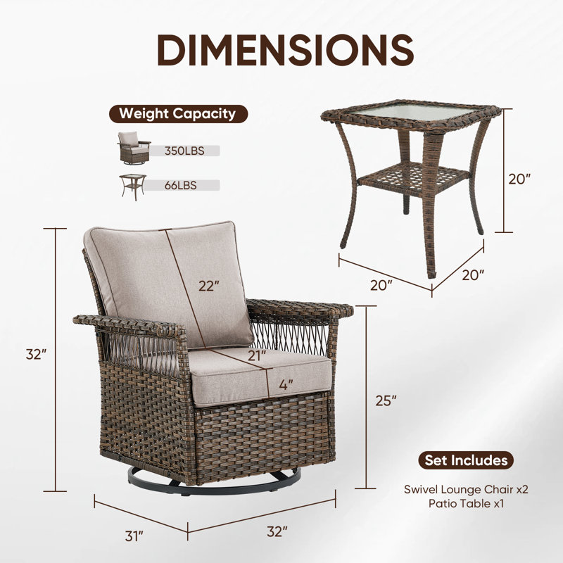 Tapash Emilka Outdoor Wicker Swivel Glider Chairs Set Of 2 With Cushions & Wicker Glass Side Table  Stylish Rattan Rocking Chairs For Relaxing On Patios, Decks, And Gardens