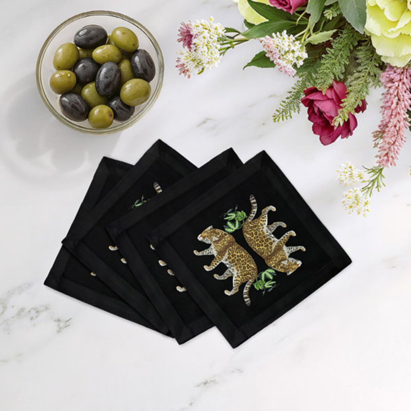 Leopard Seeing Double Hemstitch Cocktail 6" Linen/Cotton Napkin, Black