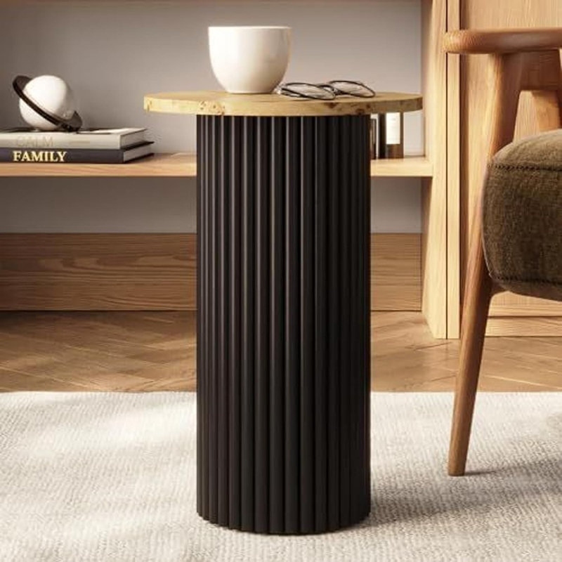 Table à boissons ronde cannelée - Placage en bois de ronce bicolore à plateau rond de 13 po et base en chêne massif noir - Table de bout moderne et compacte pour le salon et la chambre à coucher