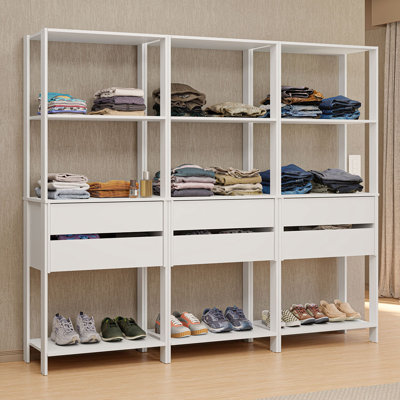  Wardrobe Clothes Storage Rack with 6 Drawers and Open Shelves 82"L Multiuse Modular Cabinet for Bedroom Organization - White