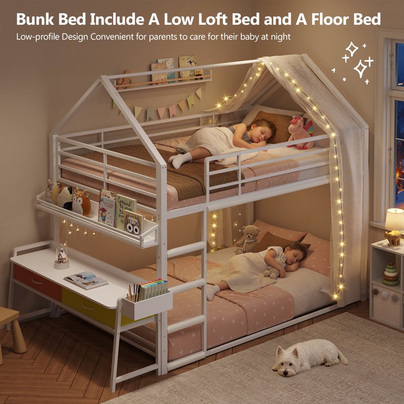 Twin Over Twin Bunk Bed Frame With Art Table and 2 Drawers, House Shaped Twin Size Metal Bunk Beds With Bookshelf, Full-Length Guardrail And Ladder, White
