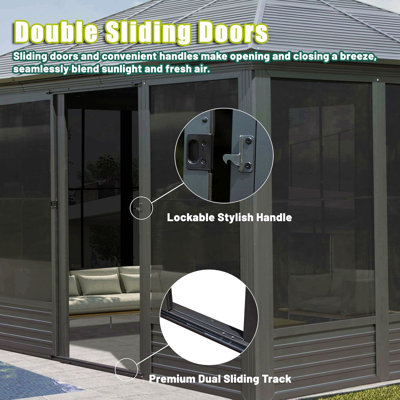 11.2X14.6Ft Sunroom, Four Season Solarium Aluminum Hardtop Gazebo With Galvanized Steel Roof, Movable Pvc Screen Walls, Sliding Doors, Sun Room Pavilion Gazebo For Patio Deck Backyard, Gray